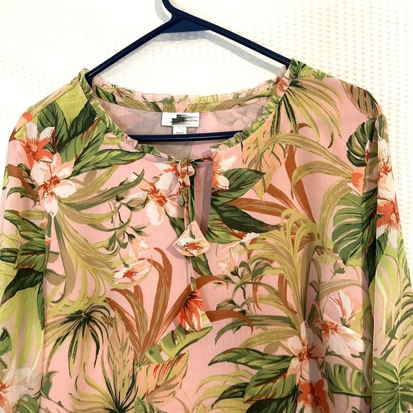 J Jill Womens Pink  Floral Jungle Leaves Blouse Top Size Large - Picture 3 of 7
